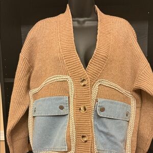 Brown Cardigan with Blue Pockets